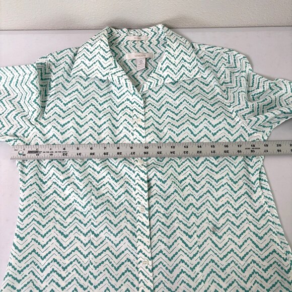 Chicos Button Up Top Size 0 US S Teal Green White Zig Zag 3/4 Sleeve No Iron - Picture 9 of 10